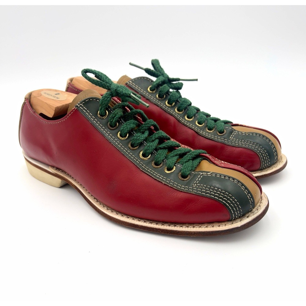 Vintage Red Green Leather Bowling Shoes Retro Two Tone Lace Up Shoes
